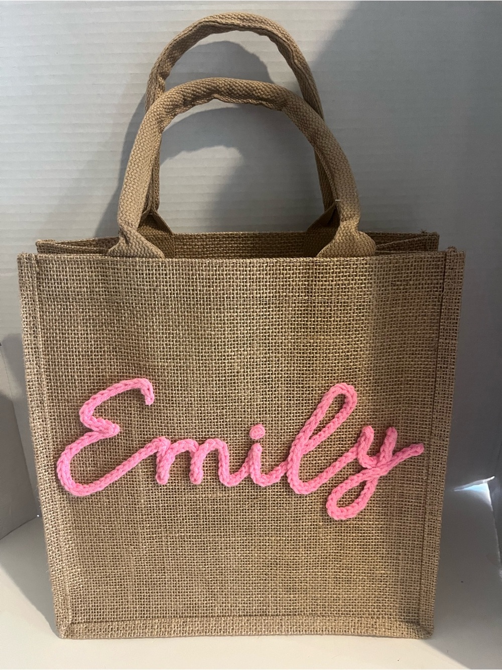NEW PERSONALIZED JUTE TOTE BAG- "EMILY"- 12" X 12"